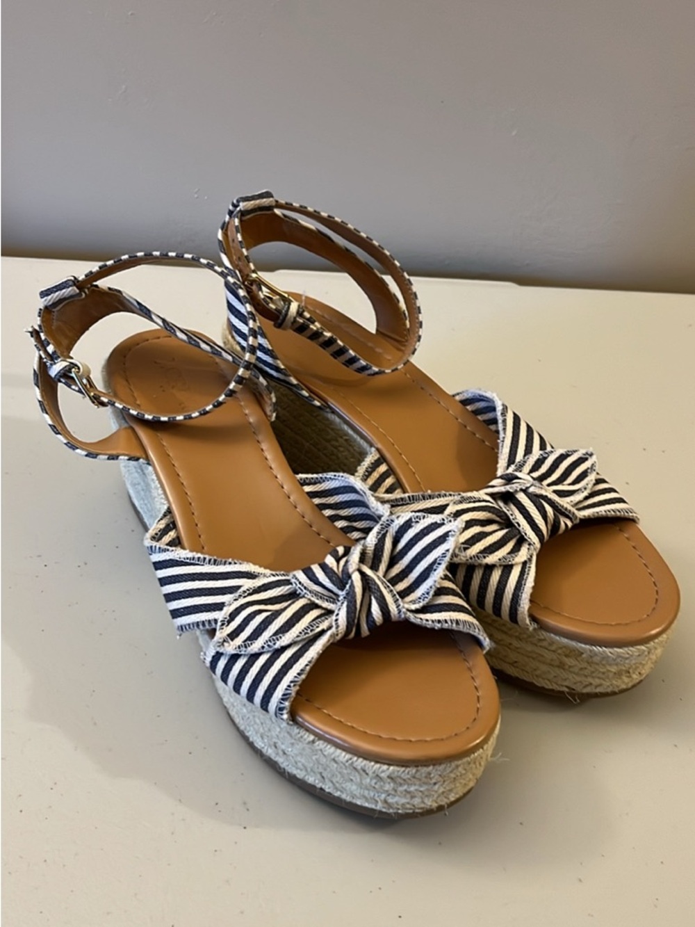 J. Crew Navy and White Striped Bow Espadrille Sandals